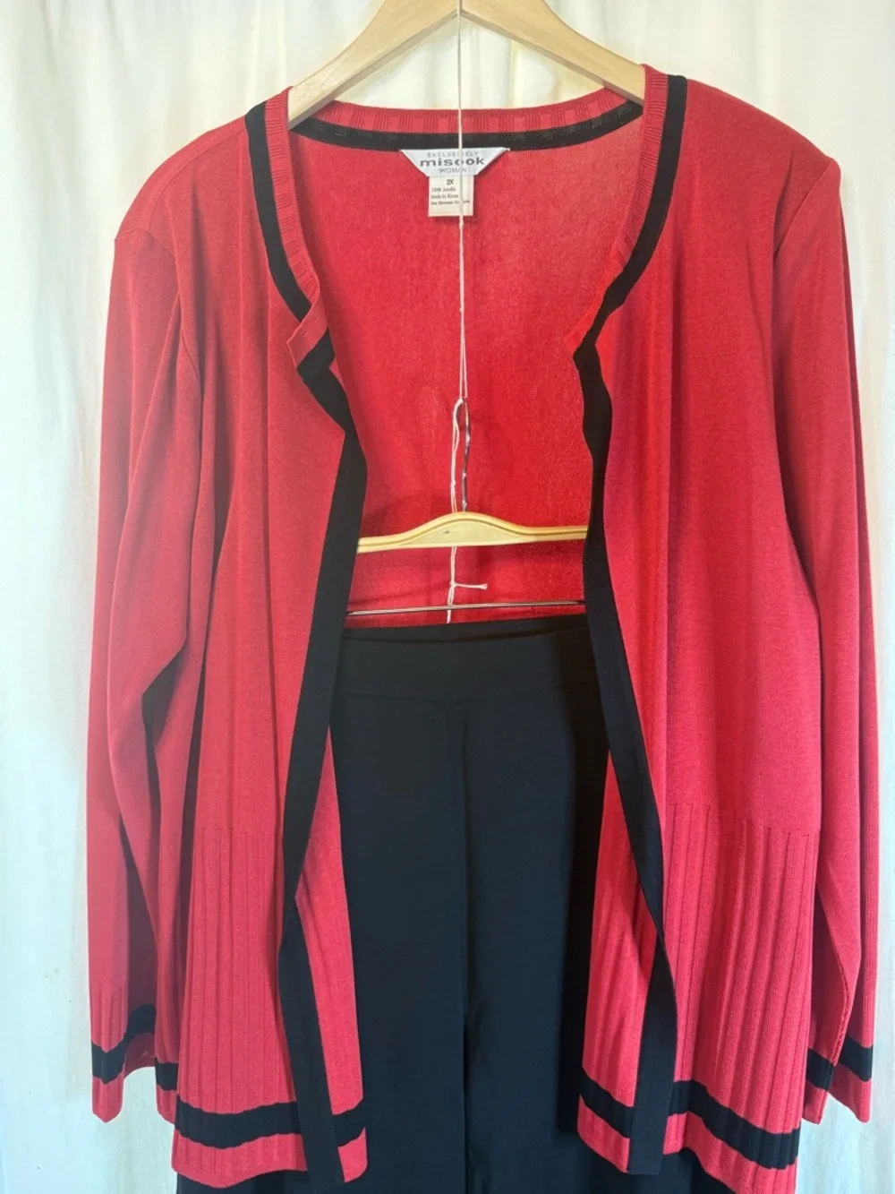 Misook Black Dress Trousers and Matching Red and Black Cardigan
